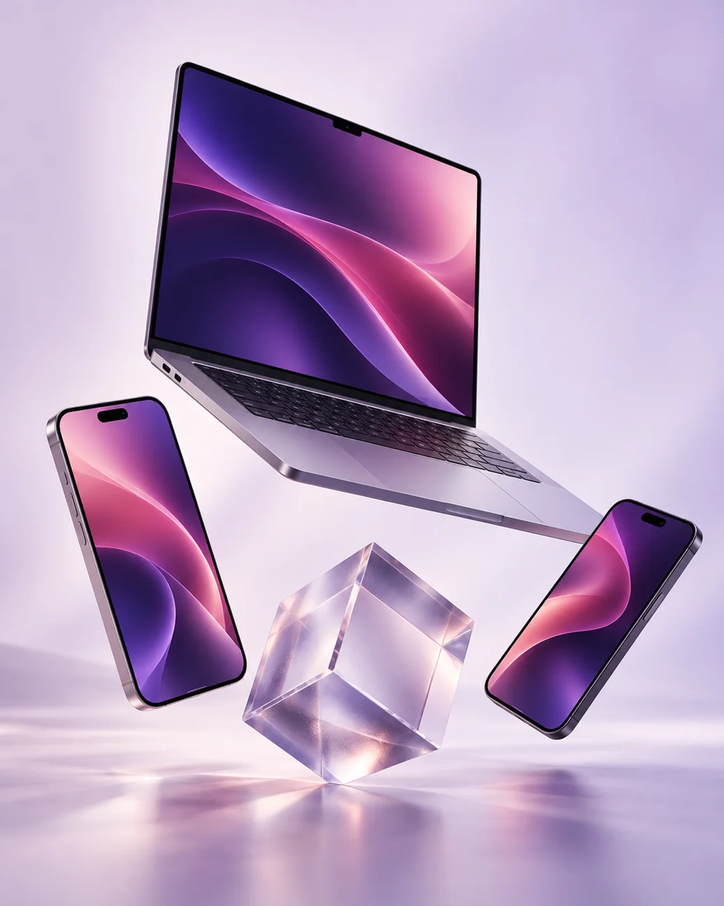 Conceptual technology devices in Arabinfotec&rsquo;s purple and magenta palette